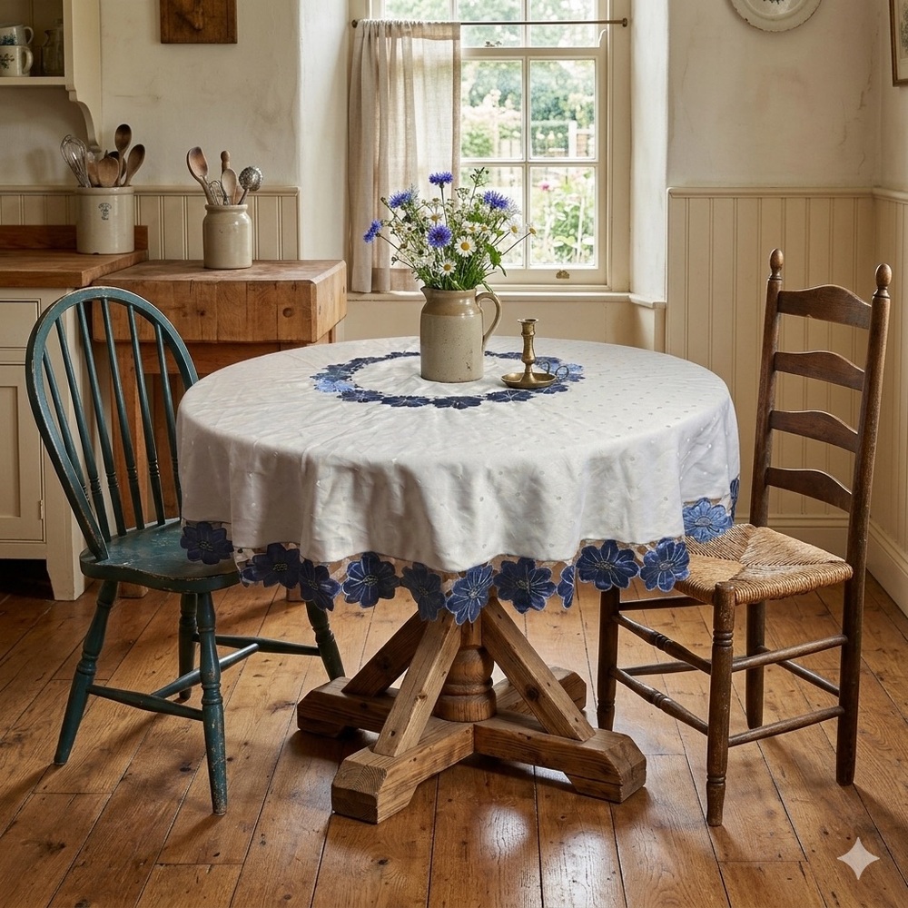 Vintage Round Tablecloth Floral Ornate Embroidered Edge Cottagecore 68”